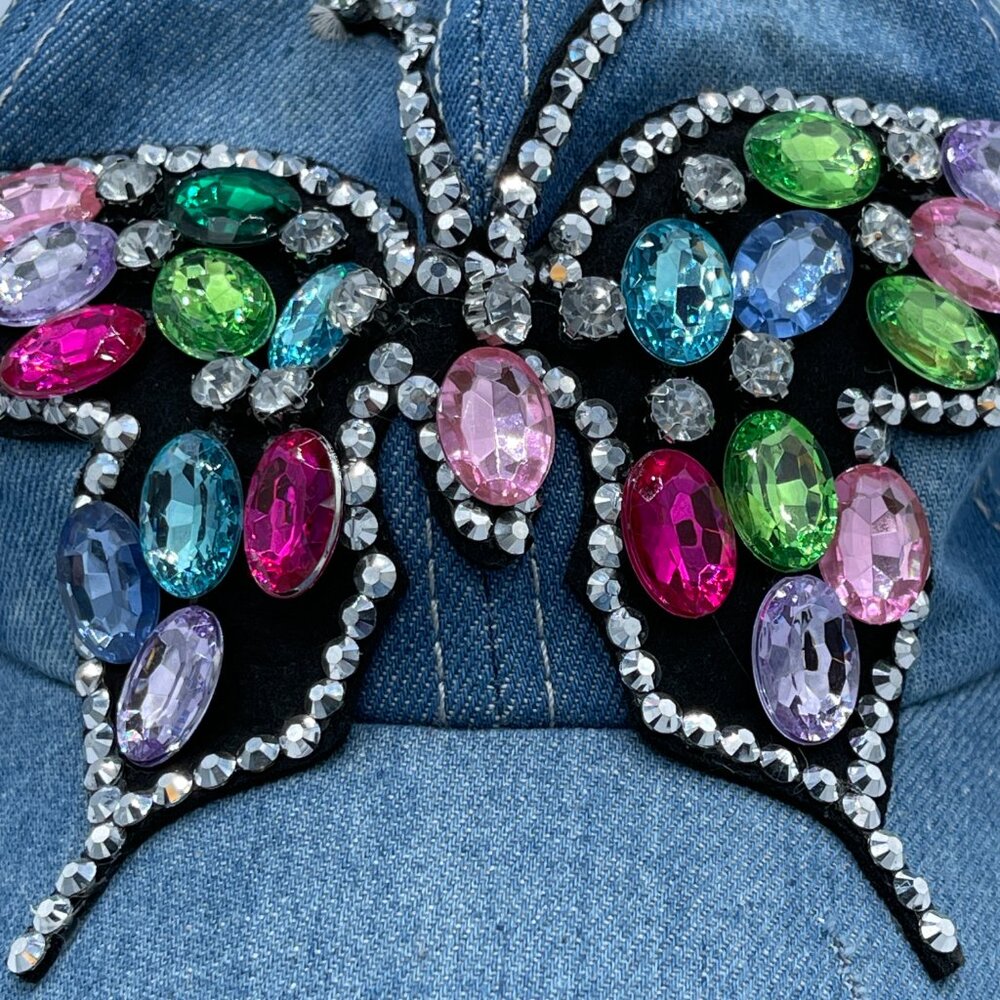 Alabama Girl Denim Butterfly Rhinestone Hat Y2K Bling Adjustable Cap - Picture 2 of 10